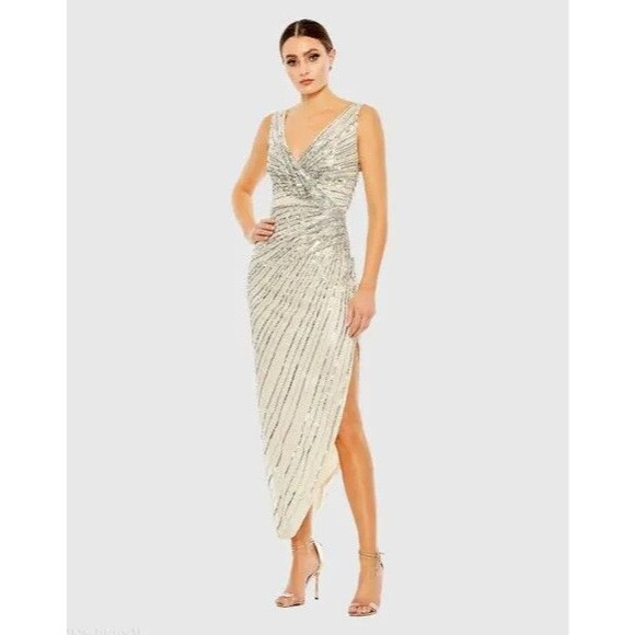 Ieena for Mac Duggal Dress Women's 10 Silver Yellow Asymmetrical Faux Wrap Midi - Picture 1 of 12
